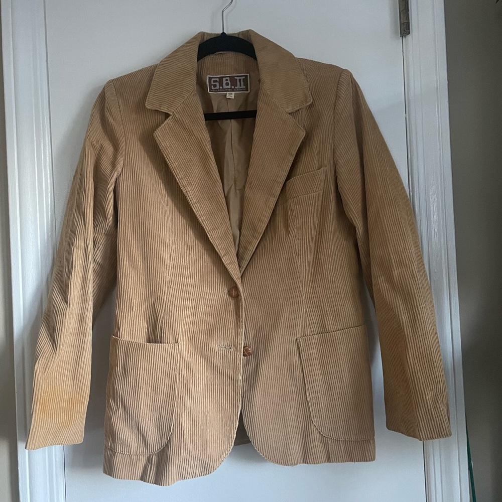 Vtg SB2 Corduroy Blazer Coat Long Sleeve Button Up Beige Womens Sz 11/12